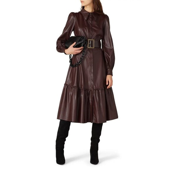 Nicholas Larisa Brown Faux Leather Button Front Midi Dress Women's Size 0 - Picture 2 of 10